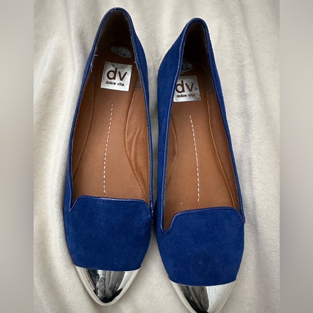 Dolce vita blue suede with silver mirror cap toe flats